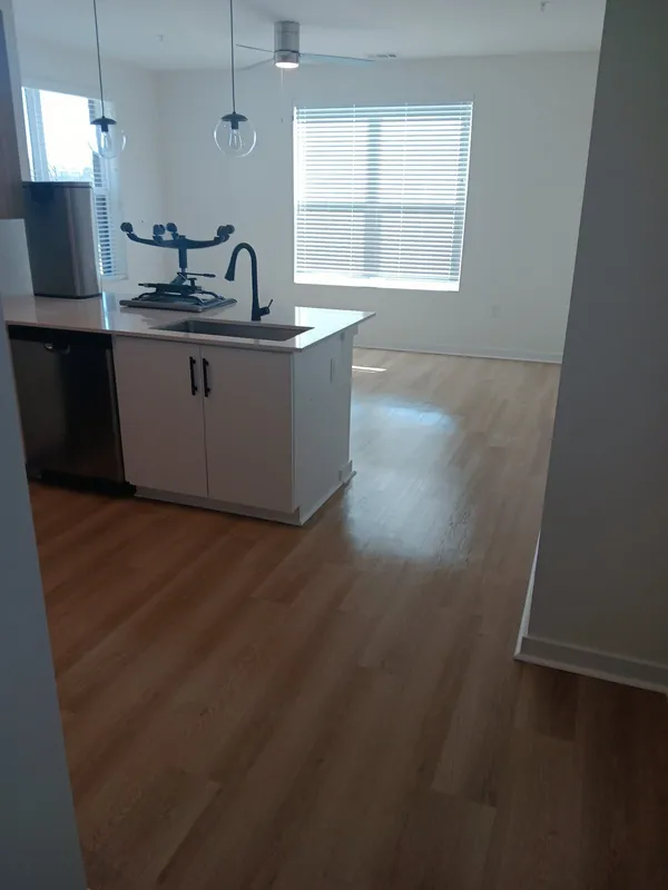 Pale kitchen island with an undermount sink and tall faucet, dark counter over light timber flooring